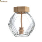 380ML Glass Honey Hexagon Jar With Wooden Cover And Wooden Splash Bar