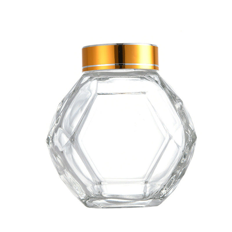 200ML 380ML Glass Hexagon Honey Bottle With Golden Silver Red Black Metal Lid
