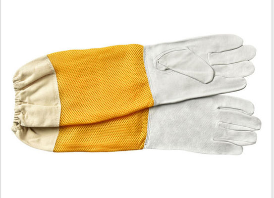 L - XL White Sheepskin Beekeeping Gloves With Yellow Soft Ventilated Sleeve